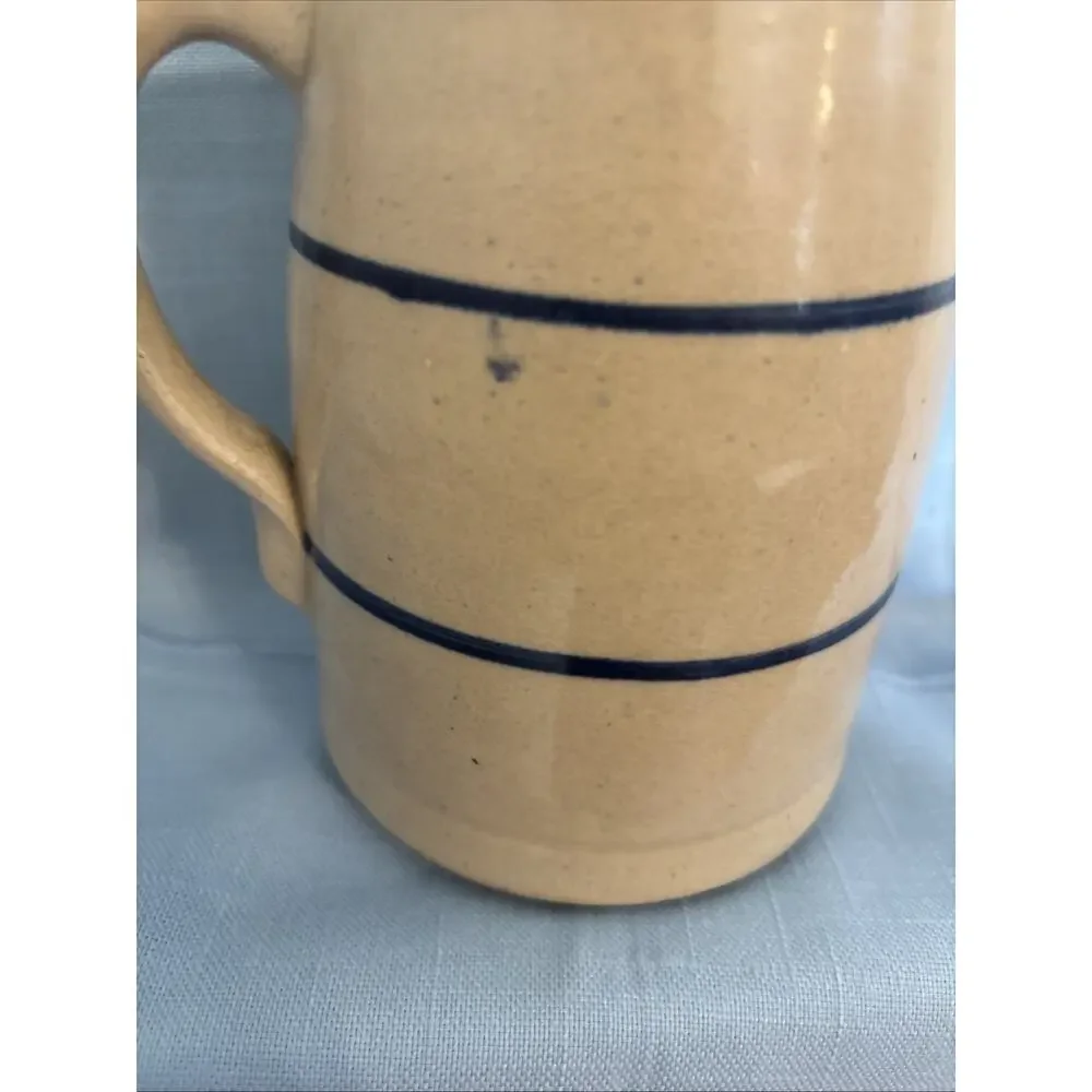 Antique Stoneware Pitcher Beige W/ Blue Stripe Rustic Farmhouse Decor Heavy